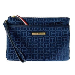 Tommy Hilfiger Womens Wristlet Makeup Bag Wallet Navy Blue TH Monogram Jacquard